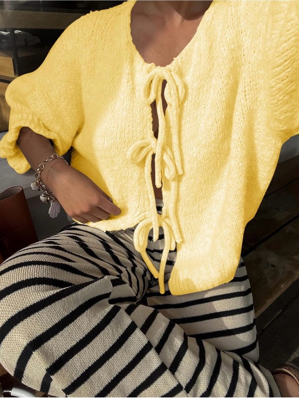 NWT Saodimallsu Women Large Yellow Tie Front Bow Cardigan Ruffle Knit Sweater